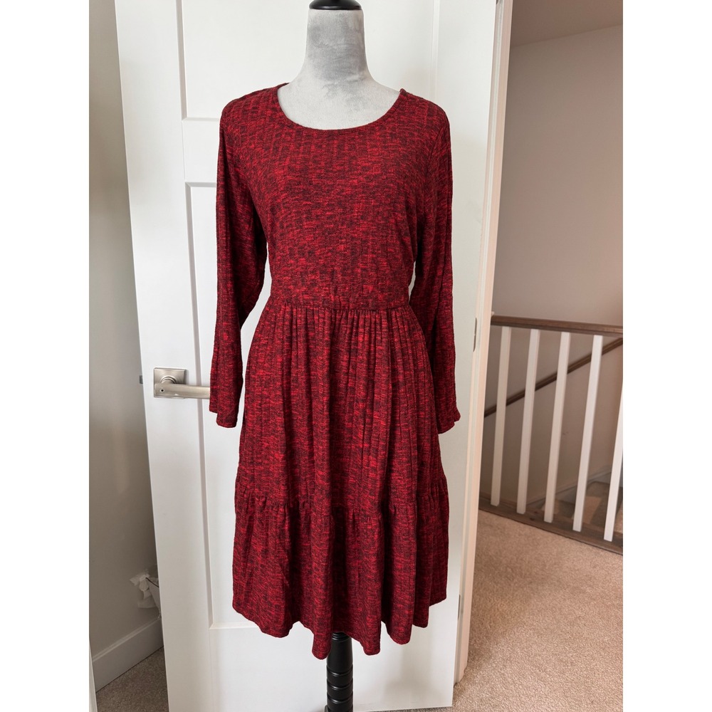 Torrid Red Black Grunge Gothic Dye Ribbed Knit Tiered Midi Dress Long Sleeve 2